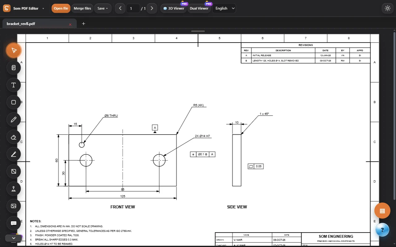 Edit & mark up: the editor open on an engineering drawing